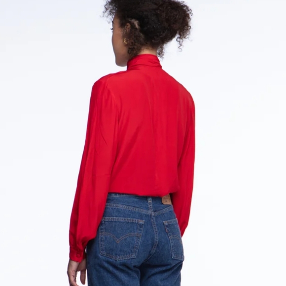 Vintage ADOLFO 100% Silk Cherry Red Tie Neck Long Sleeve Blouse Size Small - Picture 8 of 11